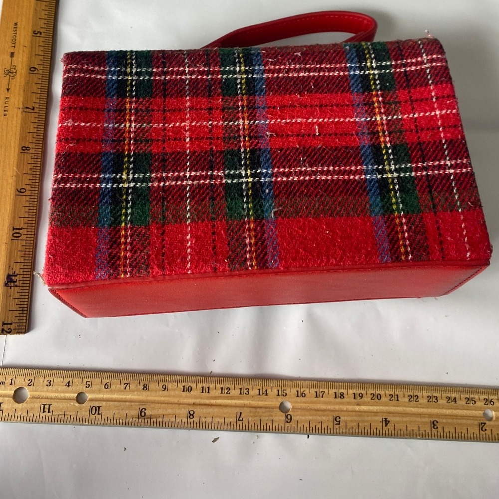Vintage Red Plaid Wool Clutch Purse With Red Faux Leather Trim